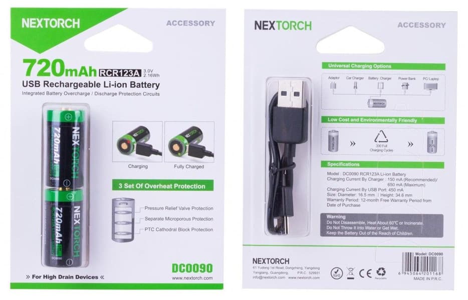 oppladbare CR123 batteri med ladekontakt i batteriet. 2-pack, view: 0