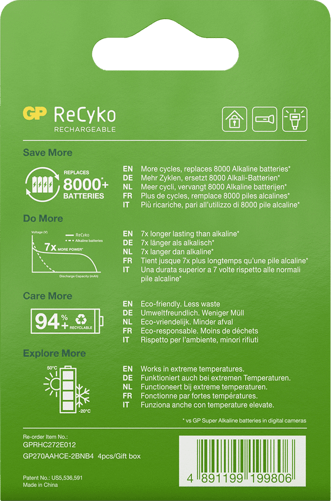 GP ReCyko AA-batteri 2600mAh, 4-pack Laddningsbart, view: 2